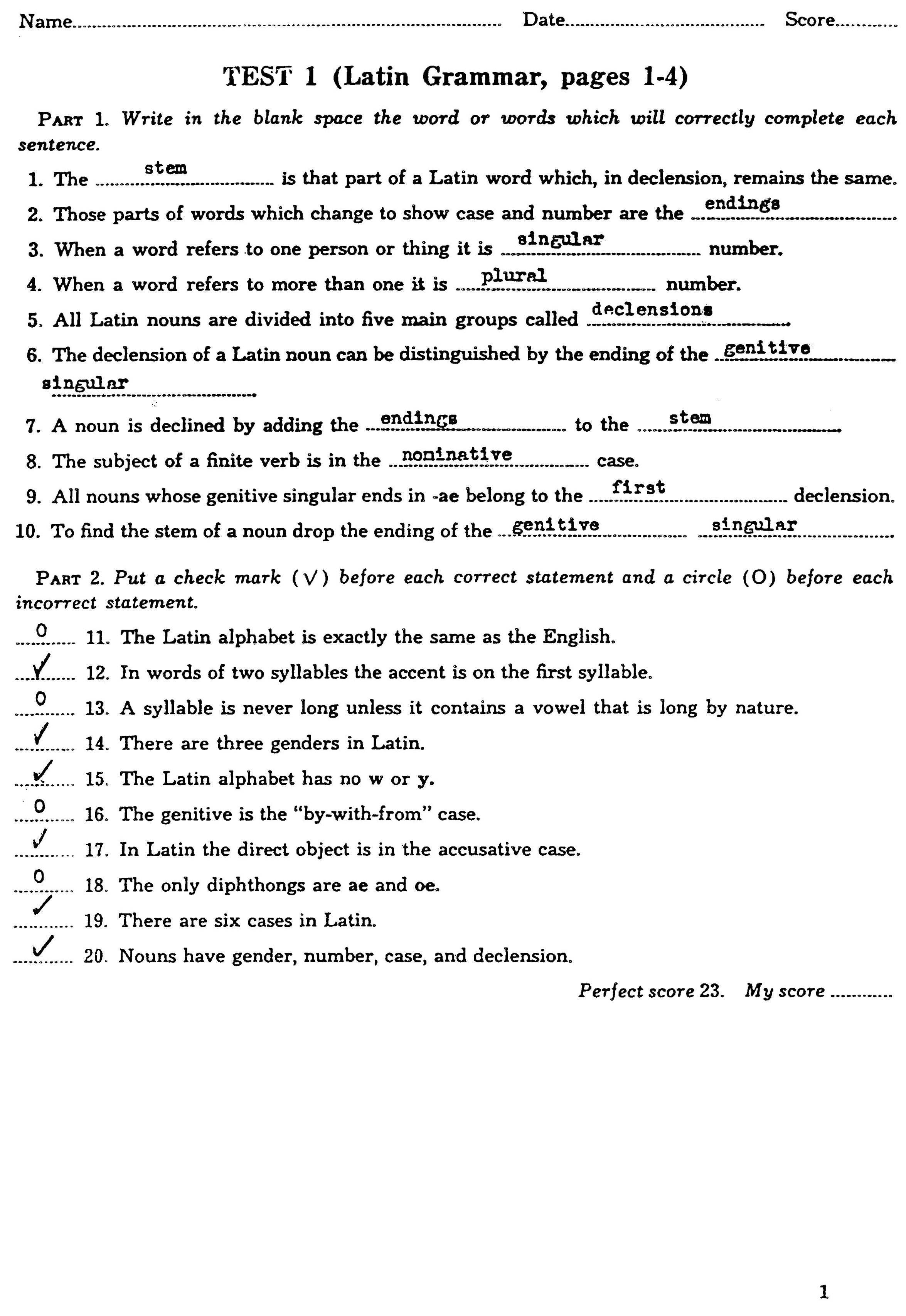 Henle Latin Progress Tests First Year Answer Key | St. Jerome