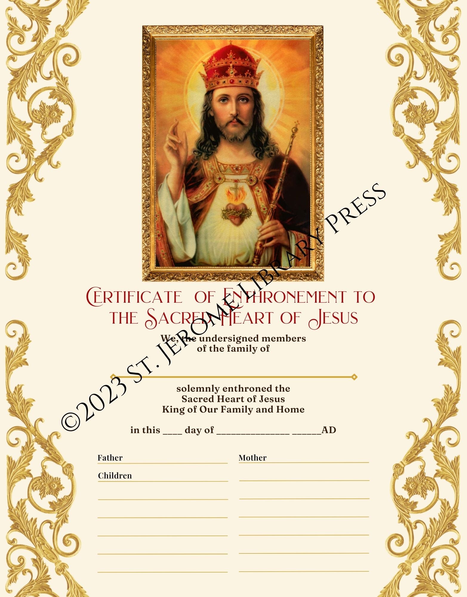 Sacred Heart Enthronement Certificate St Jerome School and Library
